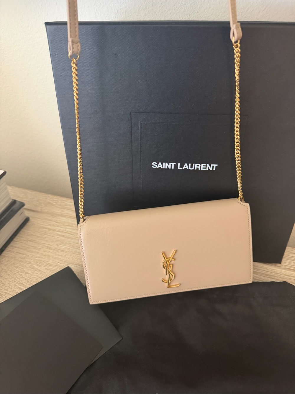 Saint Laurent Cassandre Phone Holder Crossbody Bag in Dark Beige - Picture 2 of 15